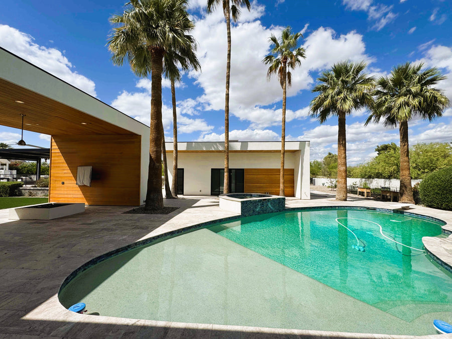 pool house with a golf simulator installed in it