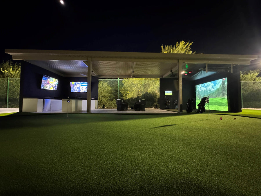 outdoor golf simulator build at night