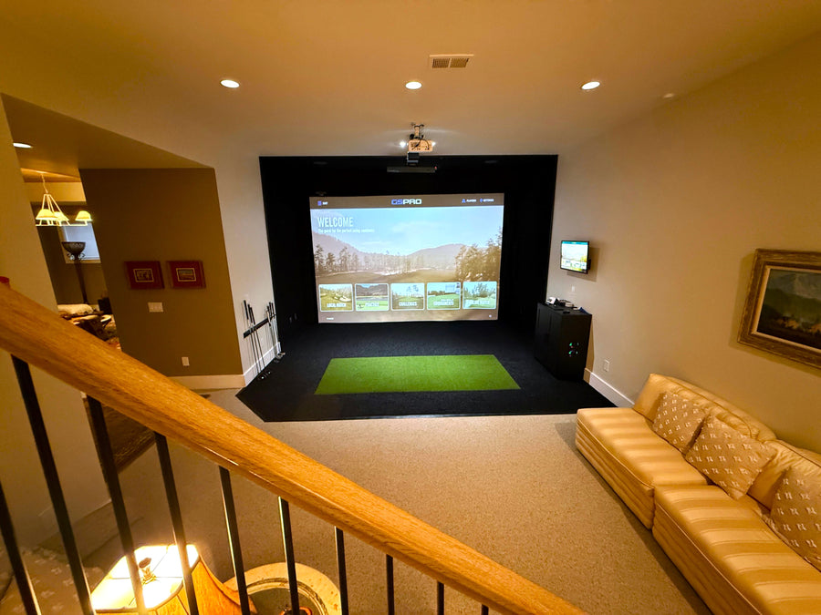 front view of a basement golf simulator