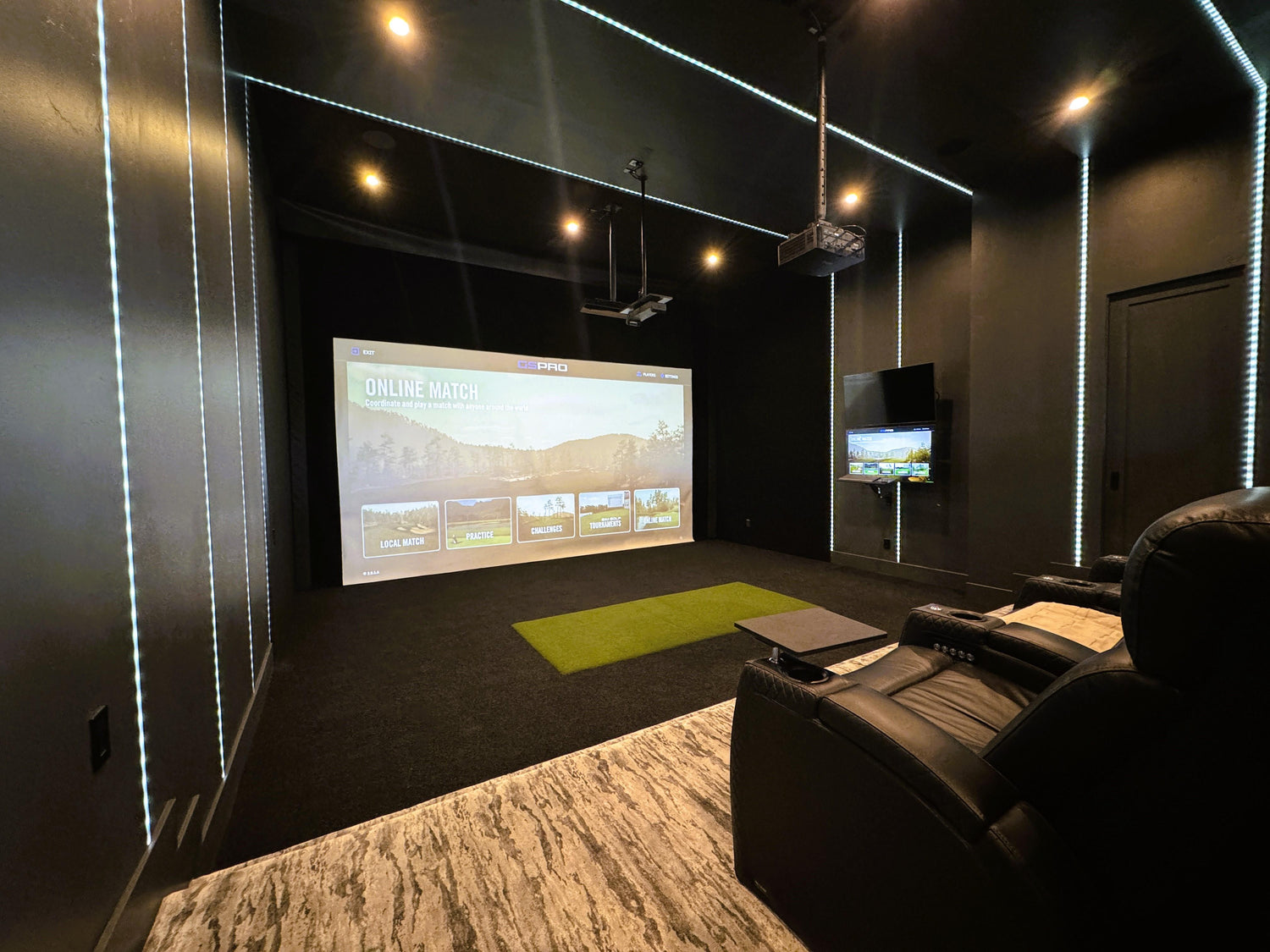 A home golf simulator that doubles as a movie theater.