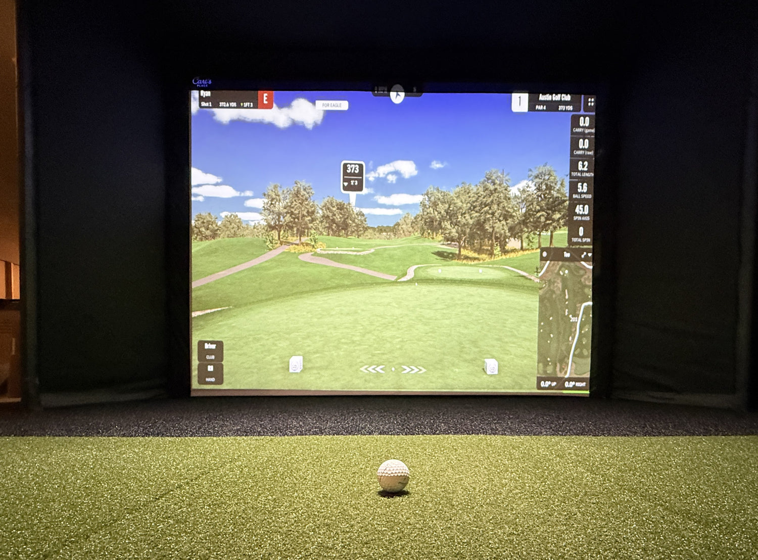 golf simulator with a cage, black turf, and golf ball