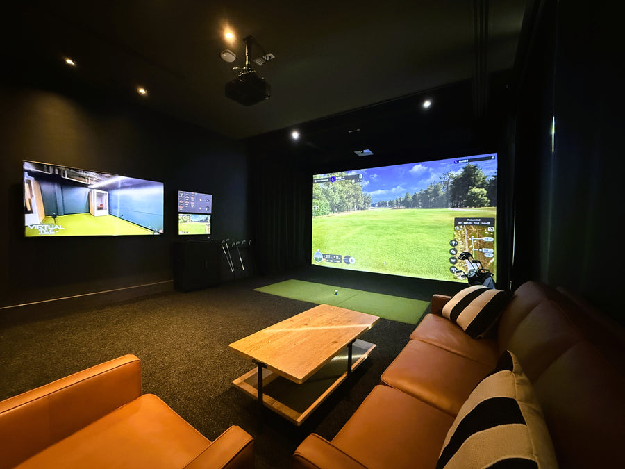Golf Simulator with multiple screens displaying a golf simulation game.