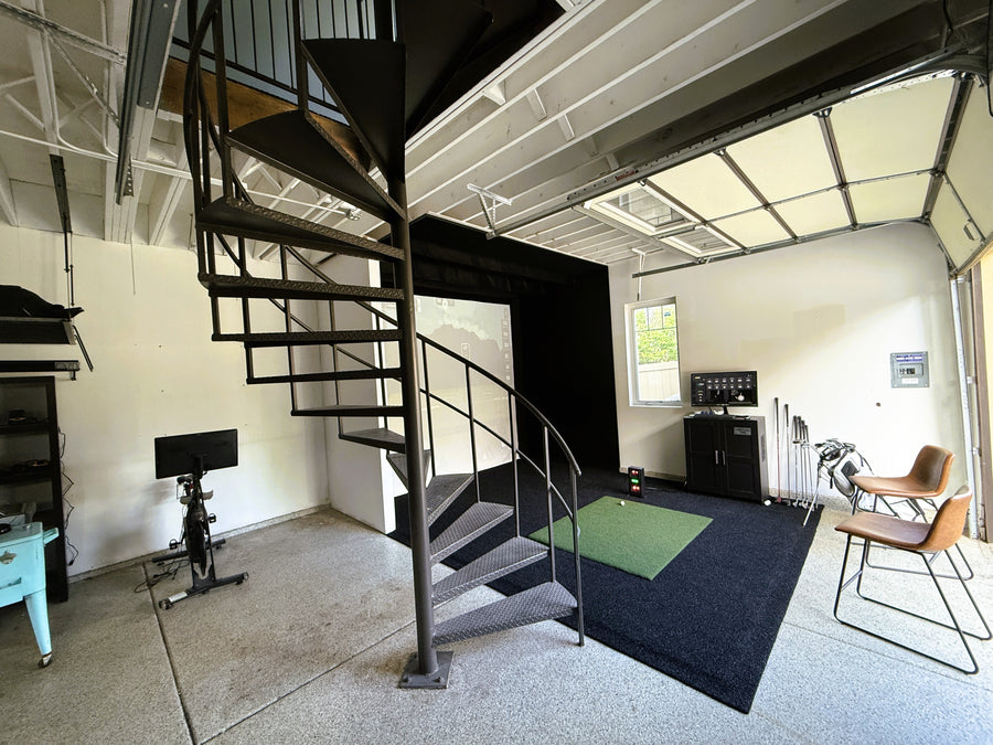 Garage golf simulator setup.