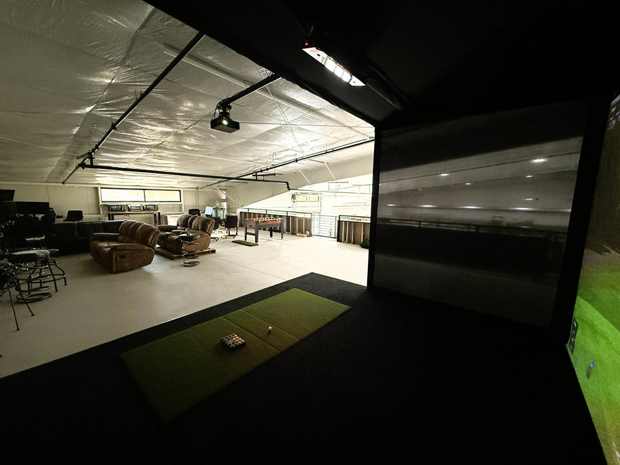 Indoor golf simulator and a large screen displaying a game.